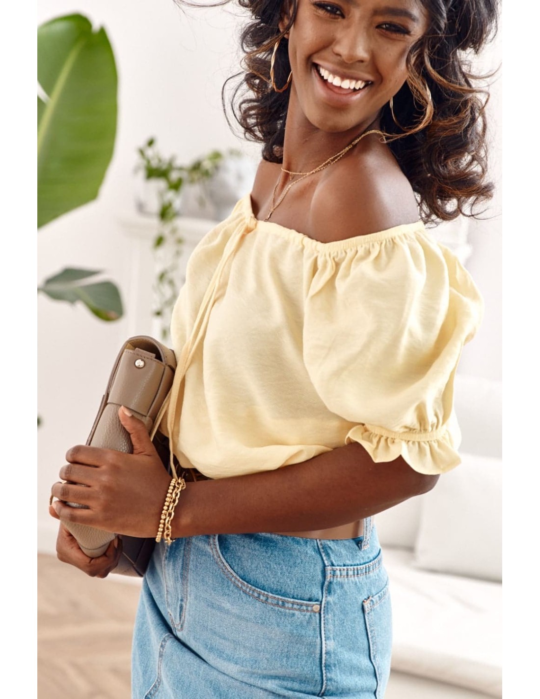 Yellow short blouse with ruffled neckline MP29435 - Online store - Boutique